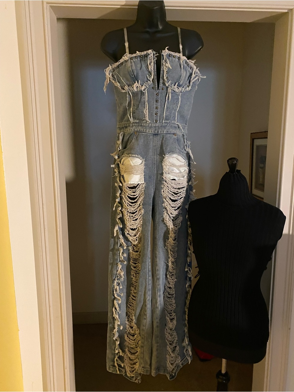 Y2K, Distressed Blue Denim Jumpsuit